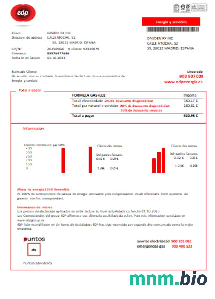 EDP Hiszpania Energia rachunek za usługi komunalne